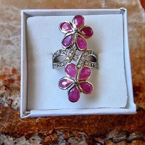 Large Sterling Silver 14 Karat White Gold Overlay Ruby Lab Created Flower Ring